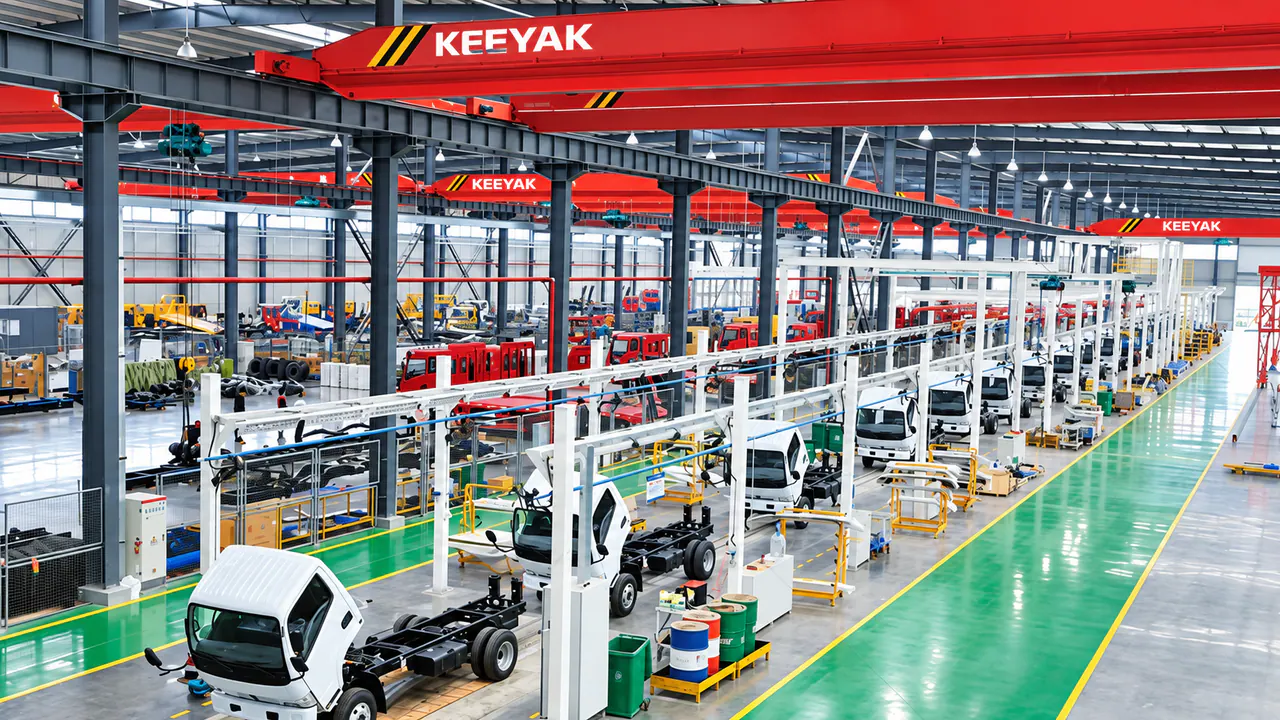 Truck chassis and vehicle bodies arranged along assembly workstations beneath overhead cranes.