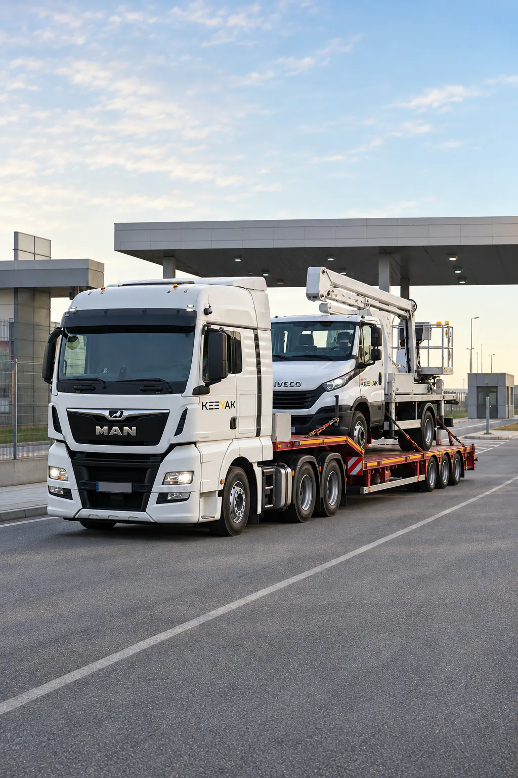 Special-purpose truck carried on a low-bed trailer for cross-border land transport