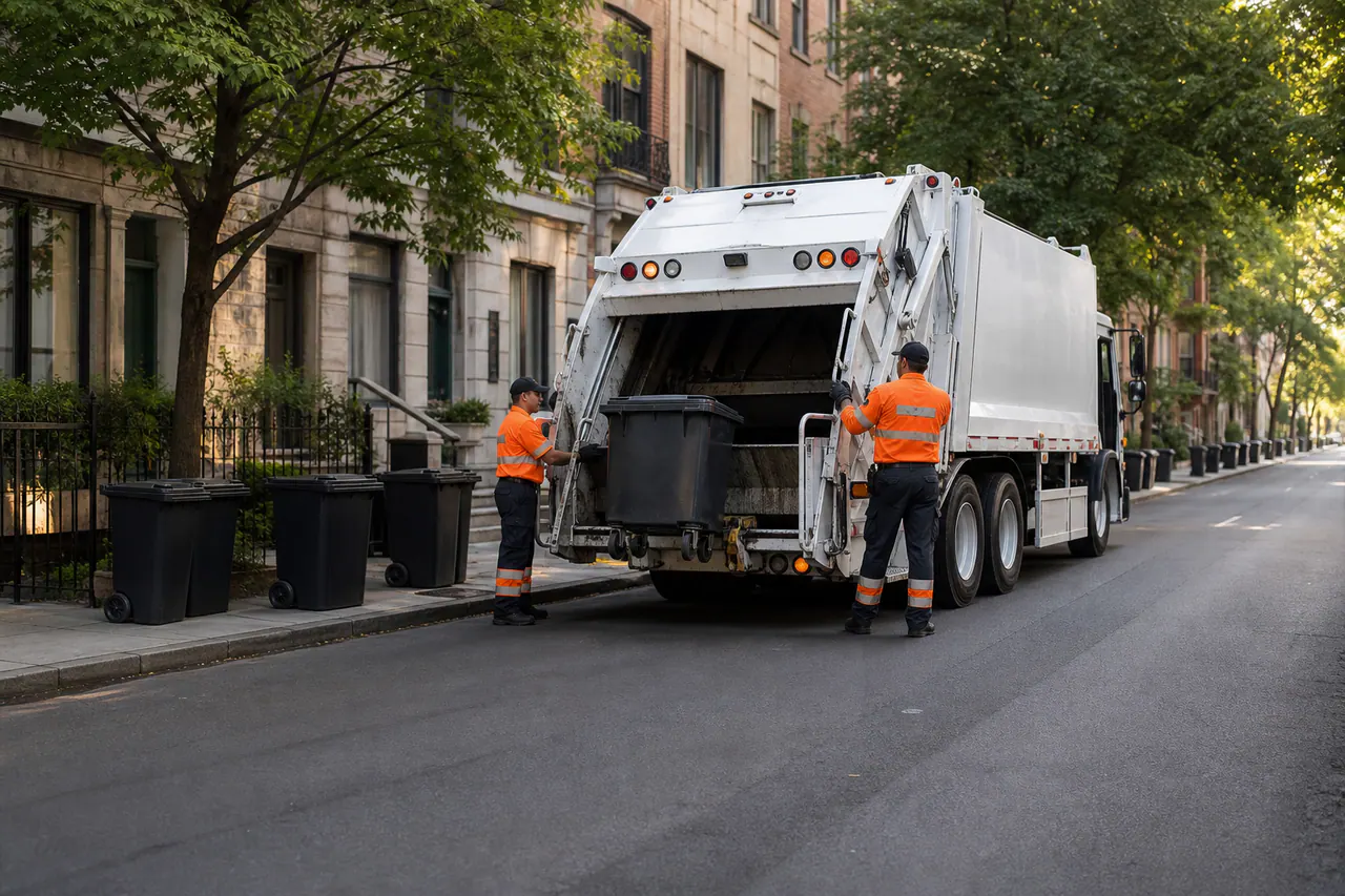 Illustrated municipal refuse truck operating beside standardized waste containers