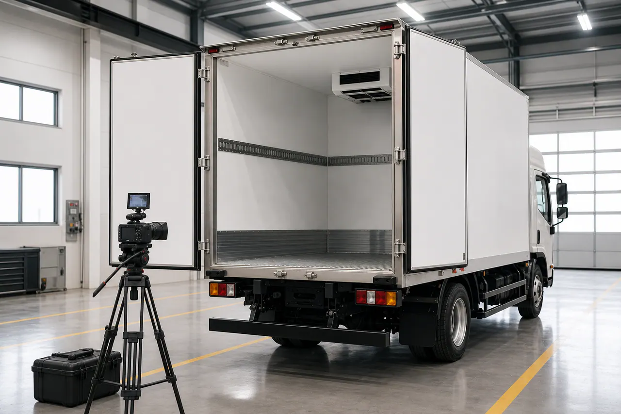 Cámara sobre trípode que graba la carrocería refrigerada vacía para un recorrido en video