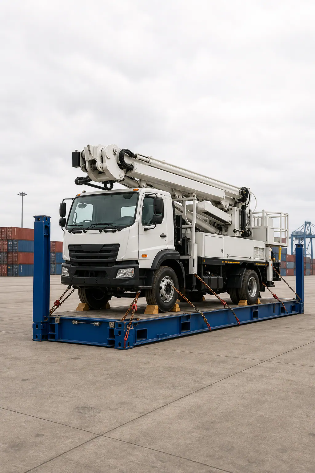Aerial work platform truck secured to a flat-rack platform