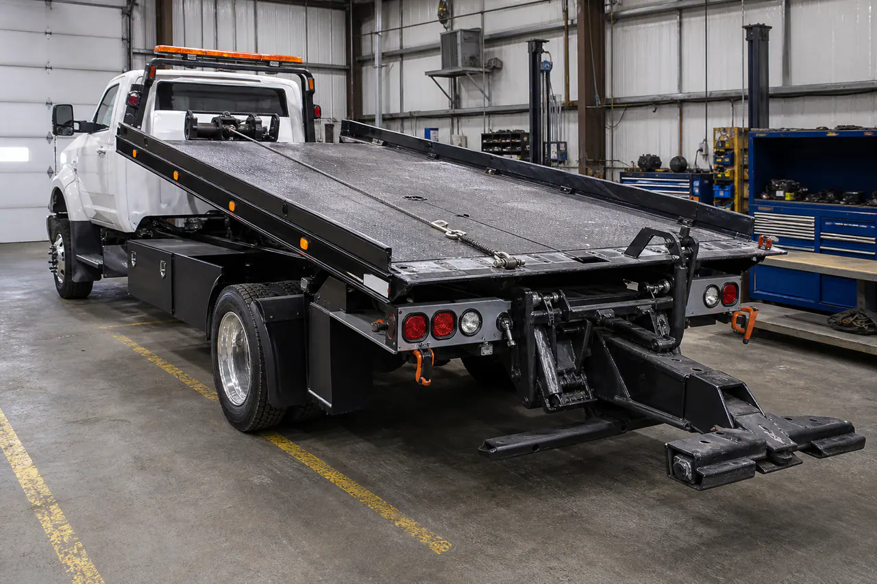 Illustrated recovery truck being checked for deck geometry, loading angle and rated capacity