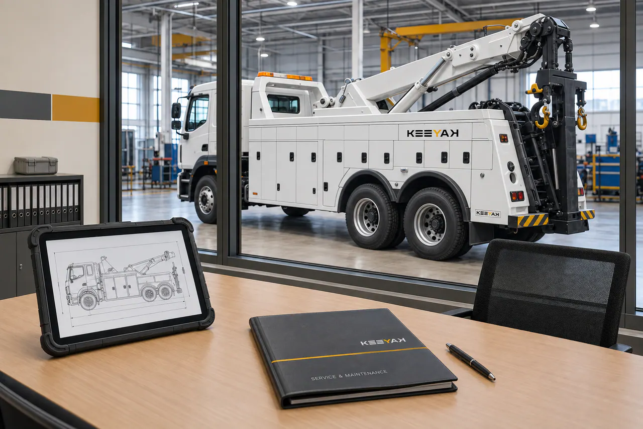 Vehicle question cards and a truck schematic on an empty consultation table beside a KEEYAK recovery truck