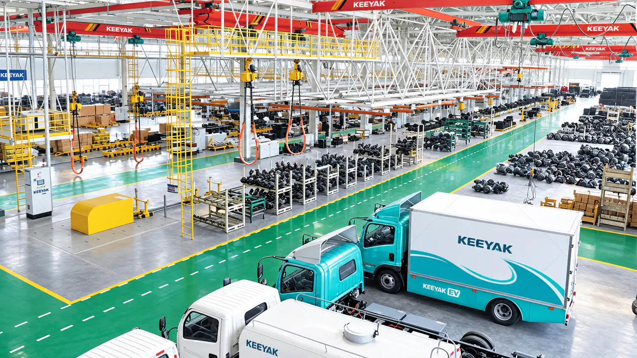 Vehicle components arranged on racks beside marked aisles and chassis in the workshop.