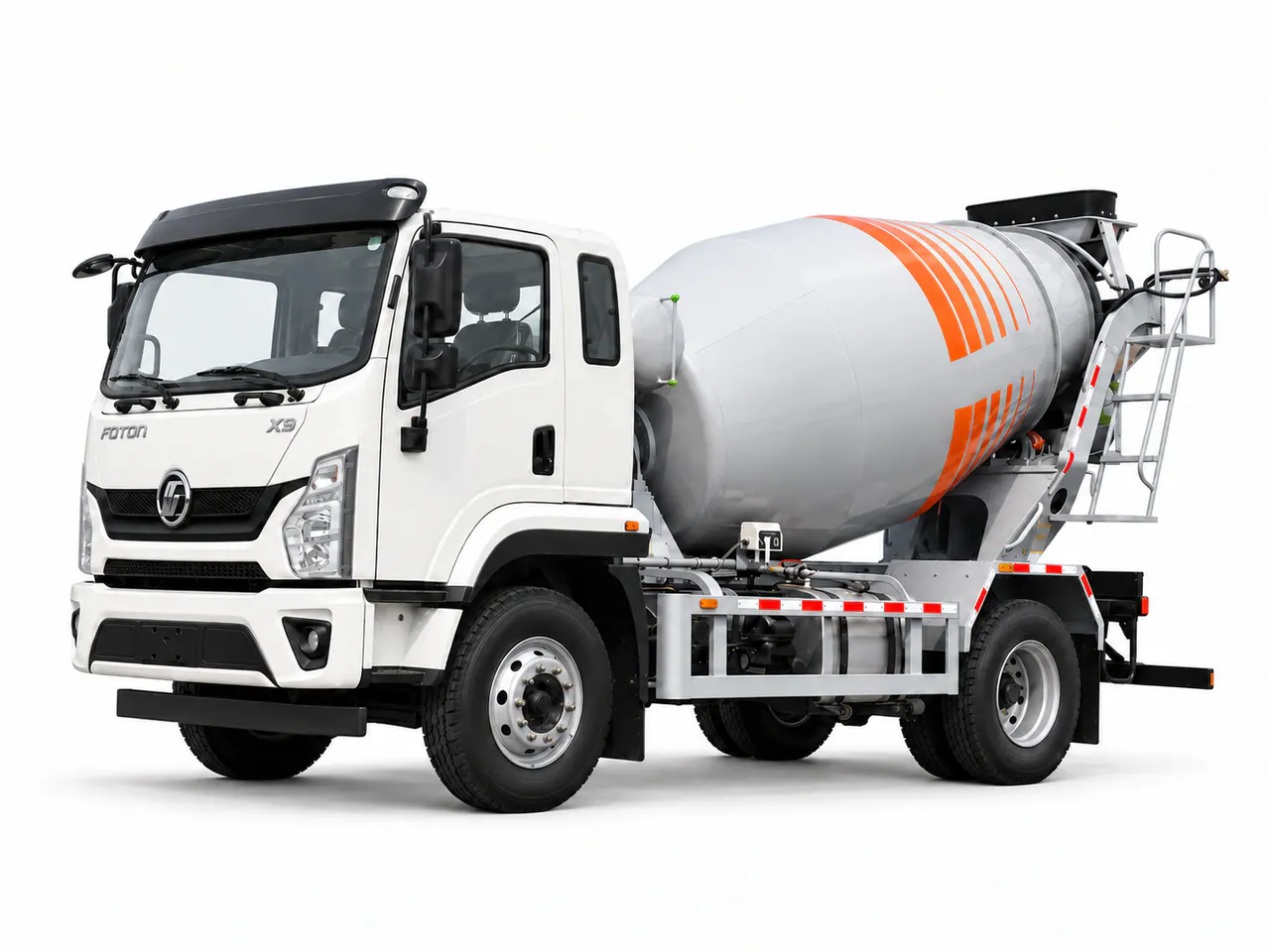 White concrete mixer truck with an orange-striped mixing drum.