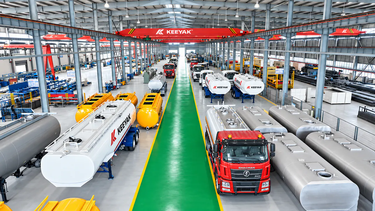 Tank trucks and tank trailers positioned on the workshop floor.