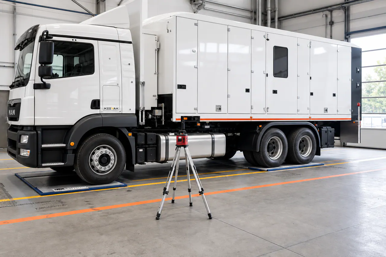 Truck configuration and axle-weighing setup in a workshop