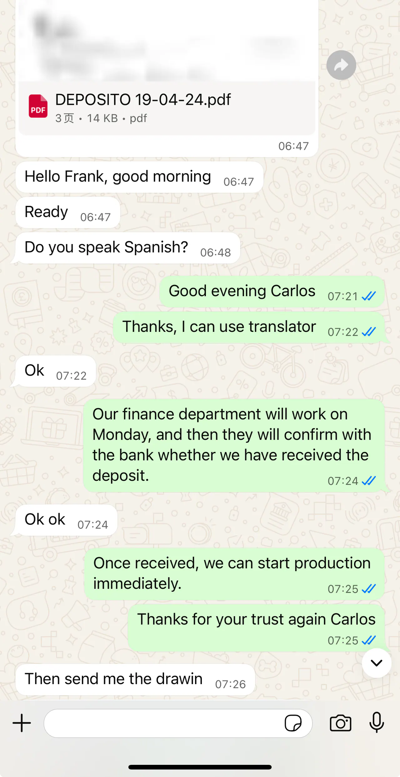 Customer communication sharing a deposit record and discussing bank confirmation before production