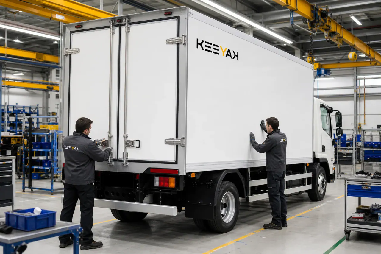 Process illustration of technicians checking the finished body of a refrigerated truck