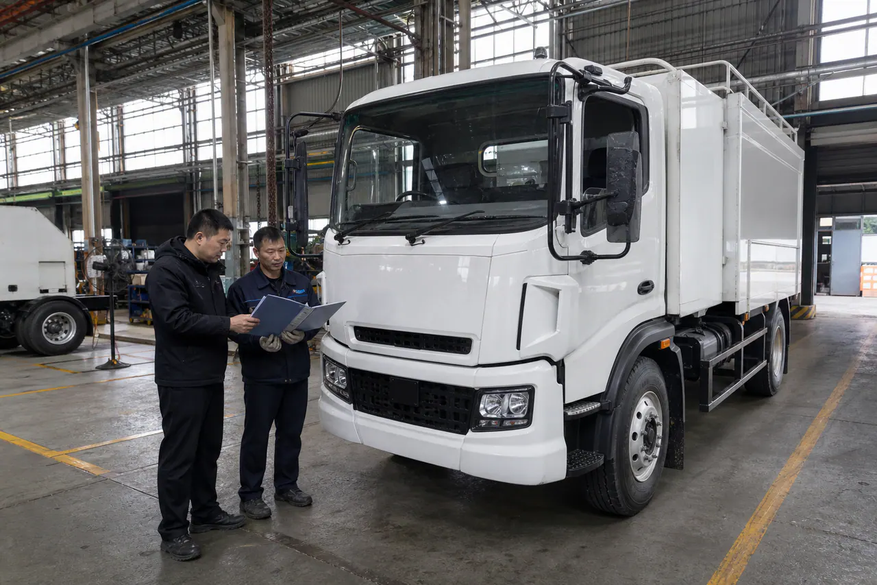 Illustrated procurement team reviewing a special-vehicle supplier dossier in an industrial office