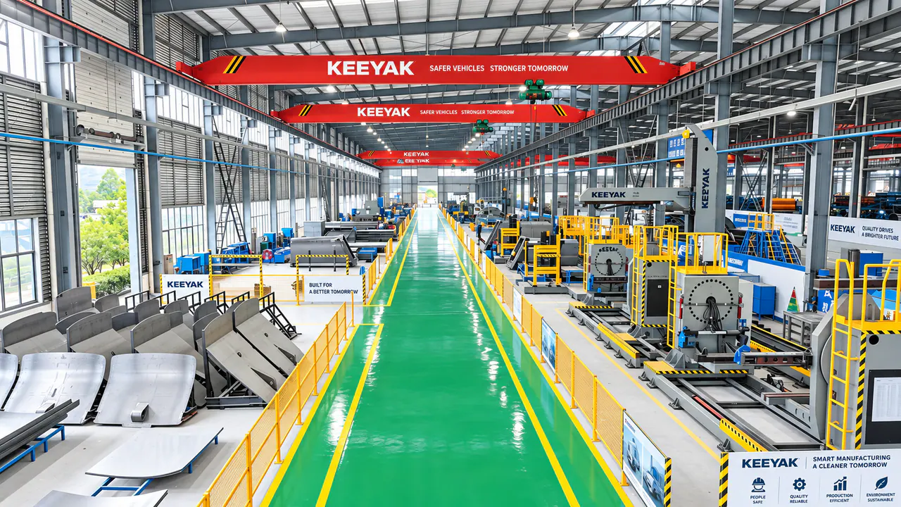 Formed metal workpieces and processing equipment beside a marked workshop aisle.