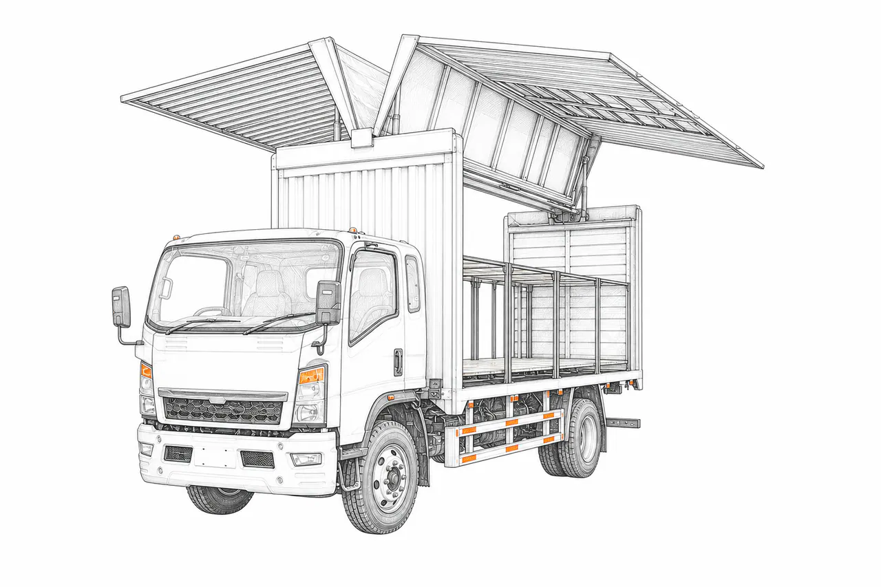 Concepto técnico de configuración para Camión furgón con paneles laterales abatibles ligero