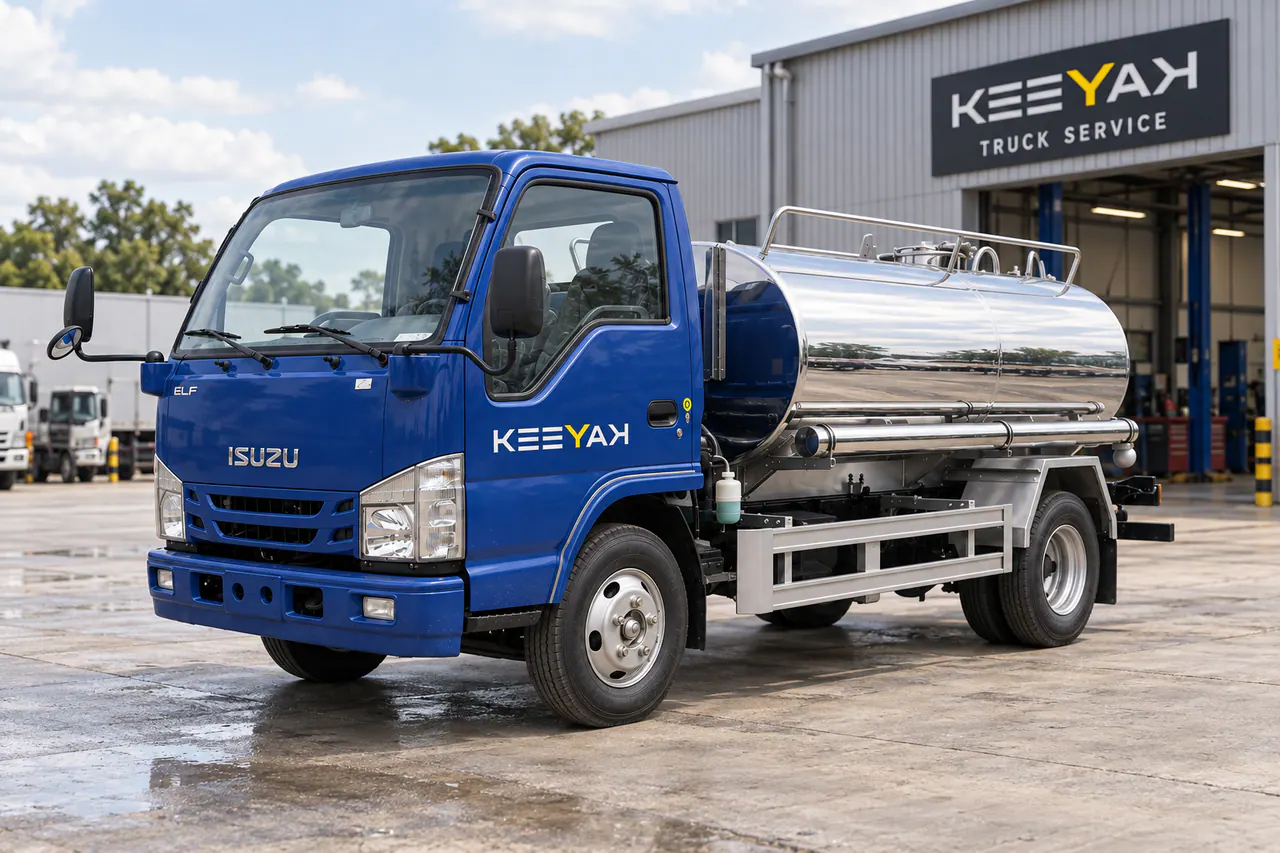 Blue and silver stainless-steel water tanker truck viewed from the front left