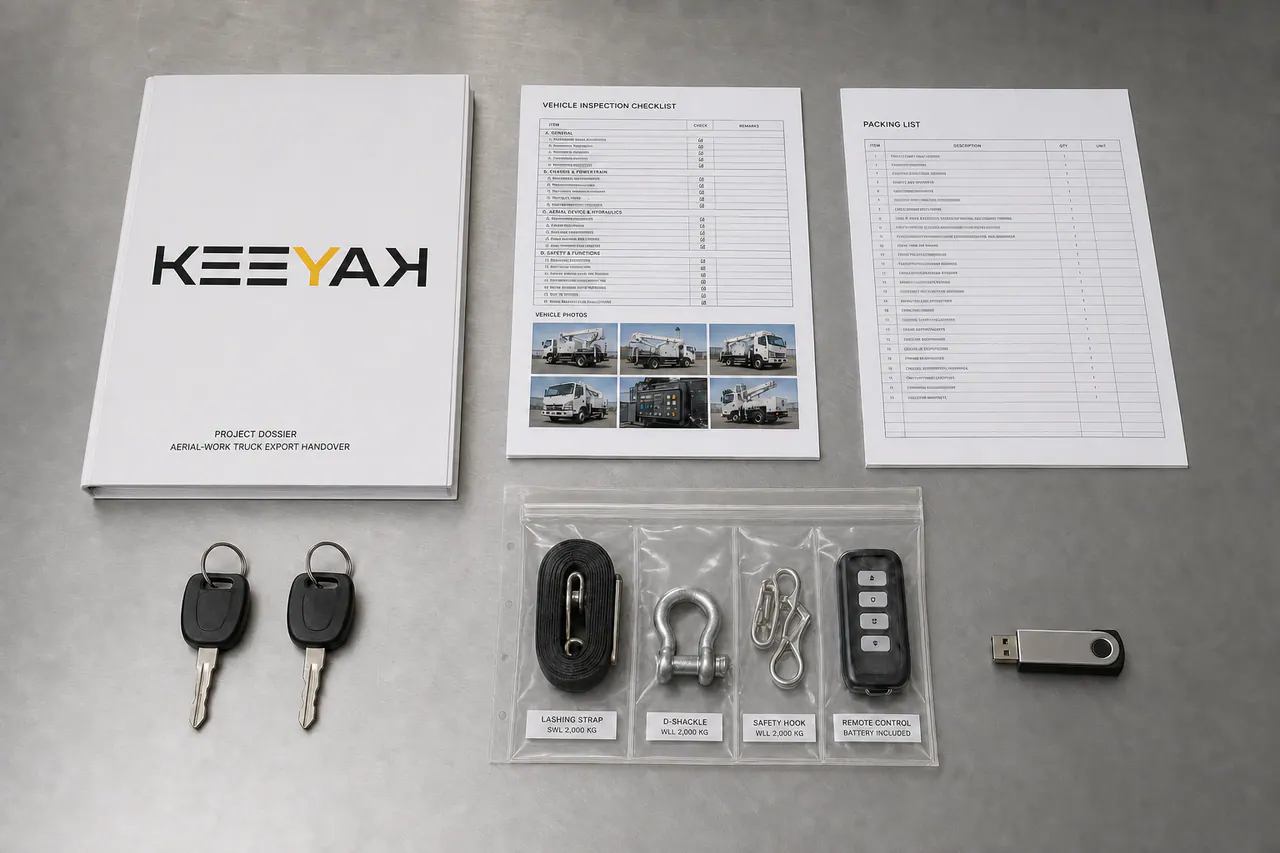 Process illustration of an export dossier, packing list, inspection record, keys and vehicle accessories