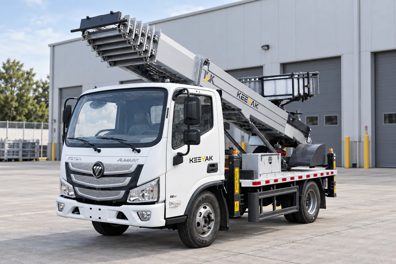 White, gray and black truck-mounted telescopic aerial ladder viewed from the front left