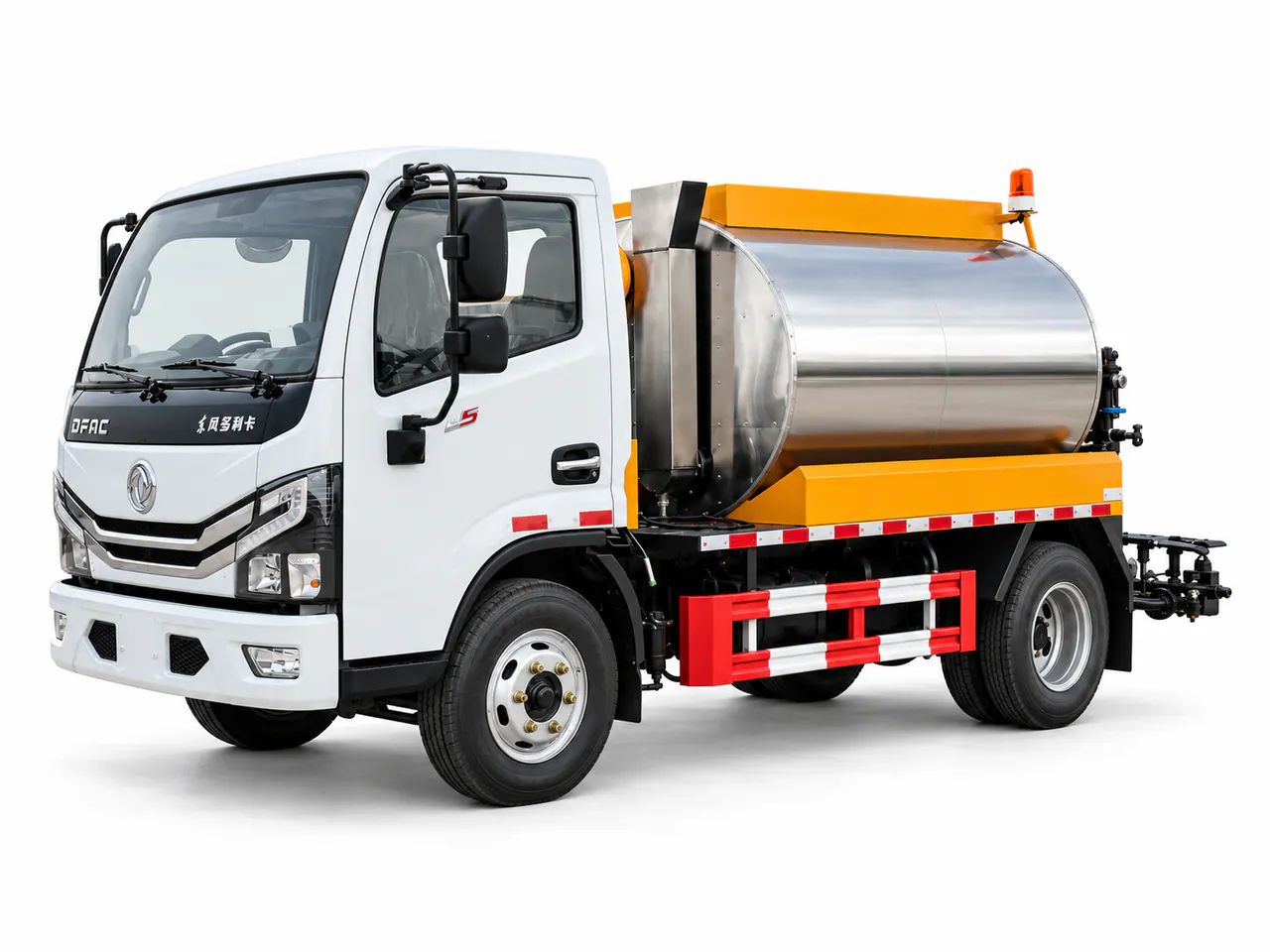 White truck with a silver tank, yellow upper frame and rear spray equipment.