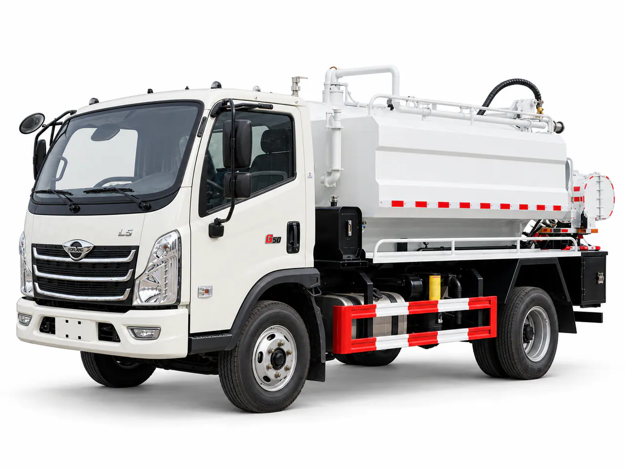 White vacuum truck with a cylindrical tank and a hose above it.