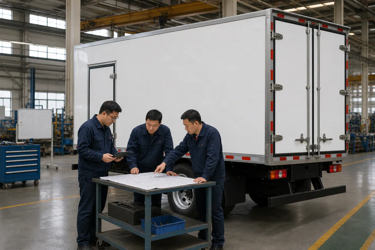 Process illustration of project engineers reviewing vehicle drawings beside a box truck