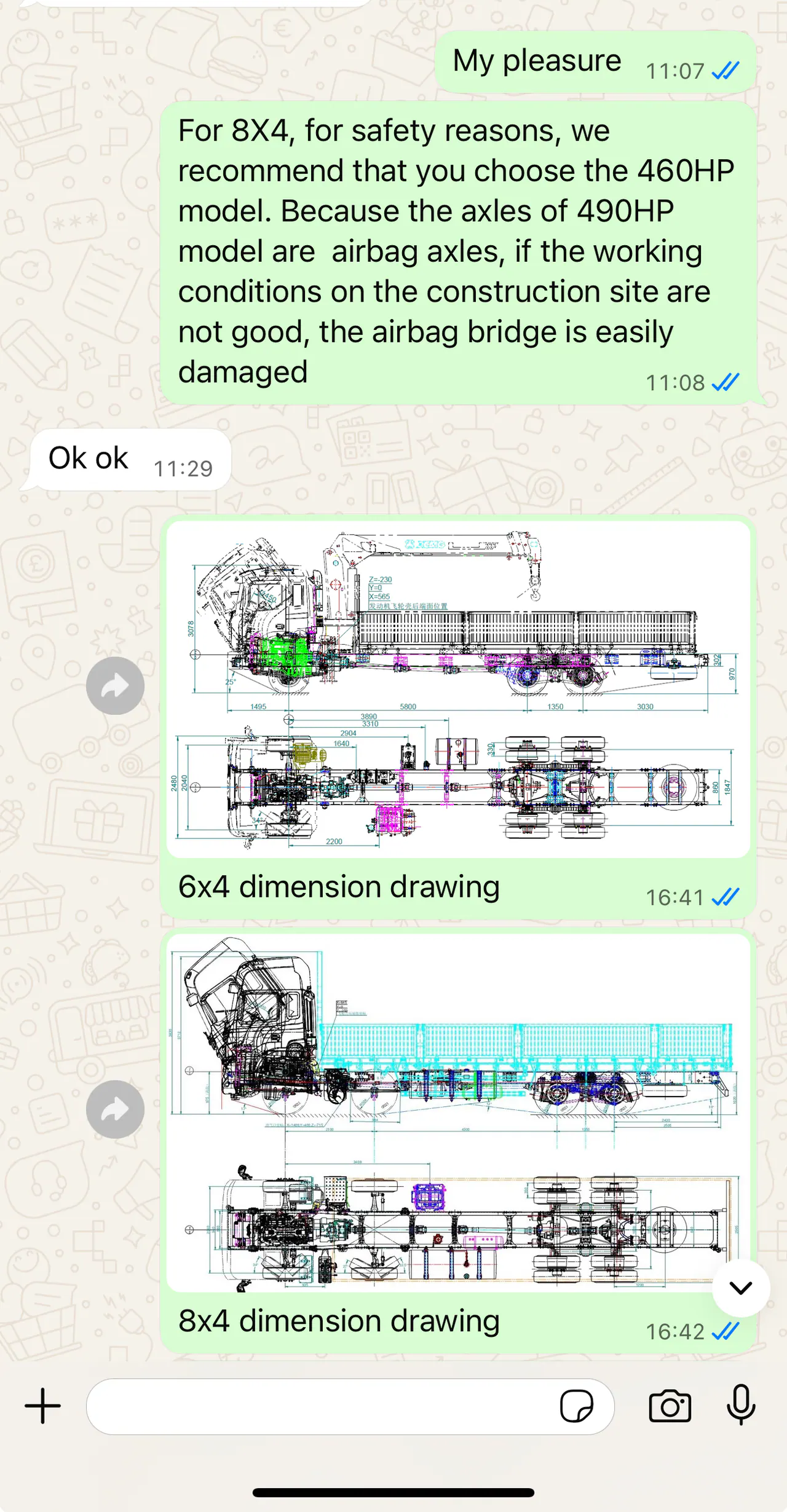 Customer communication comparing the 6x4 and 8x4 chassis drawings for the Peru crane-truck project