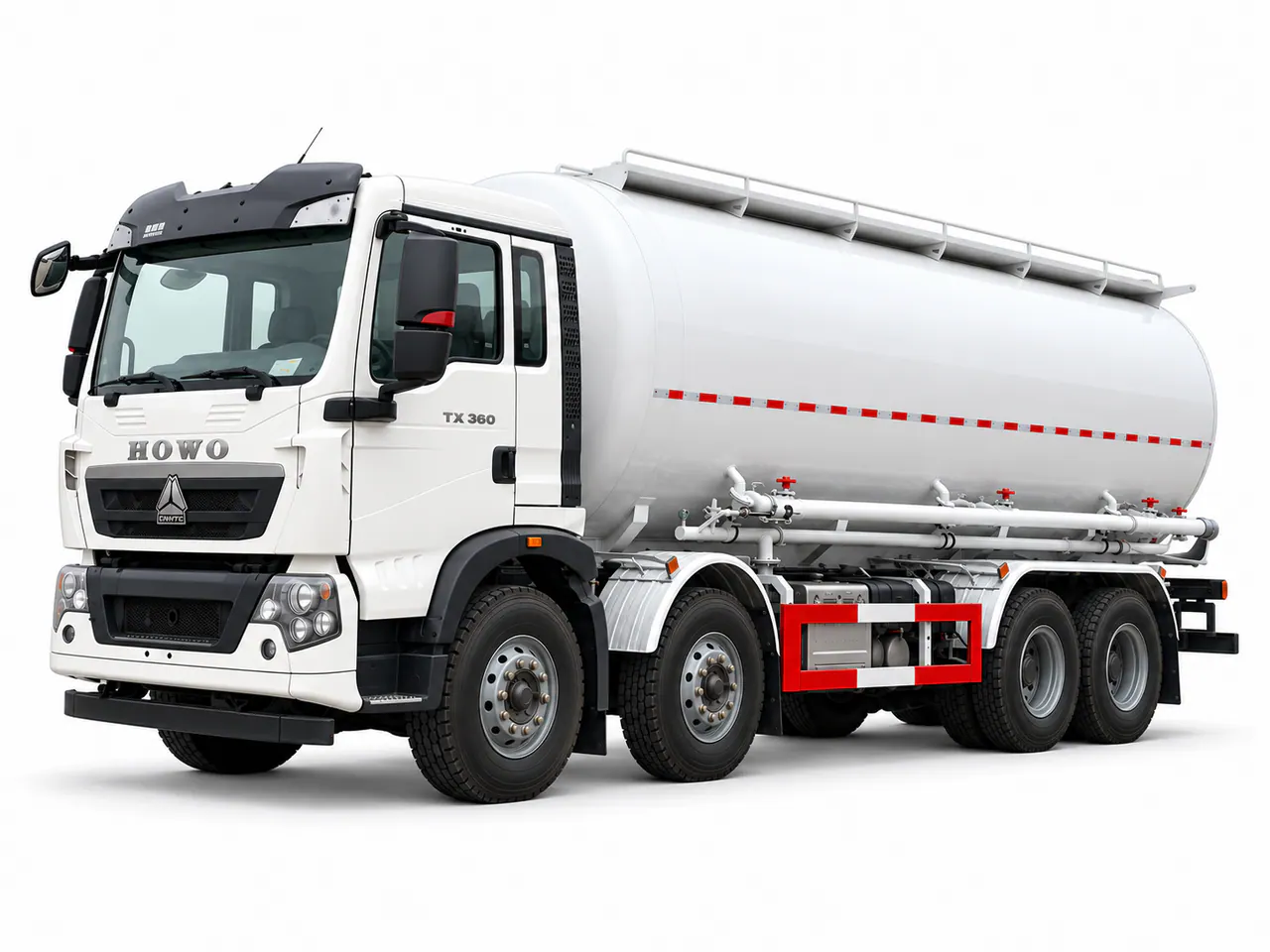 White tanker truck with a cylindrical tank and piping along the chassis.