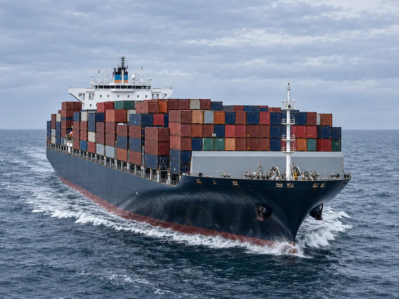 View of a container ship carrying cargo at sea