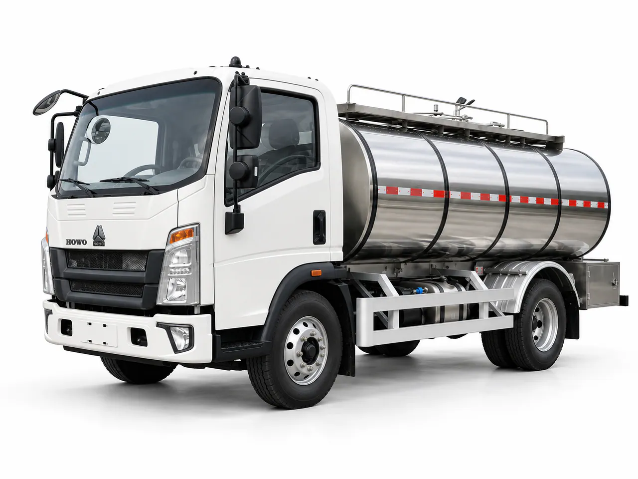 White truck with a polished cylindrical tank, top rail and rear ladder.