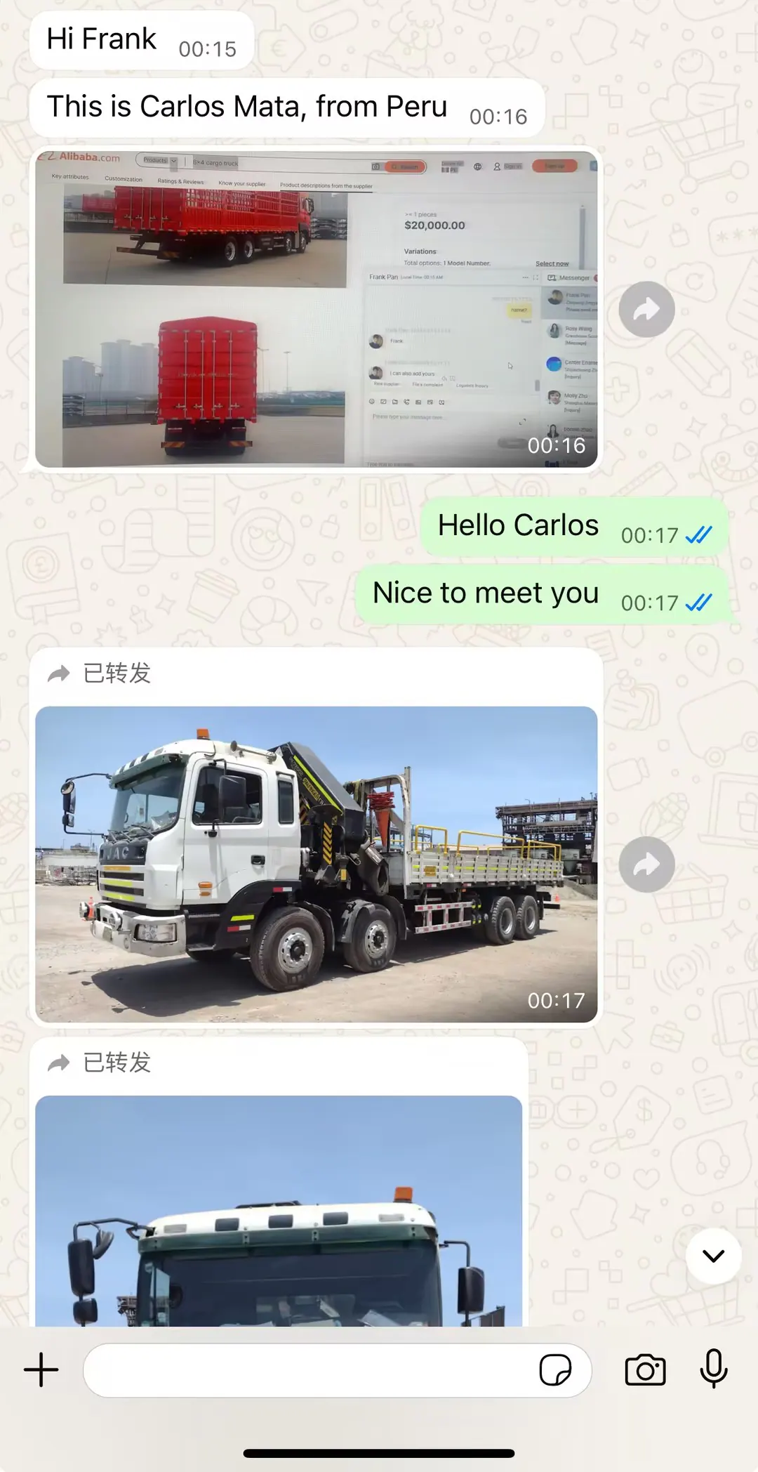 Initial customer communication identifying a Peru crane-truck requirement and sharing reference truck images