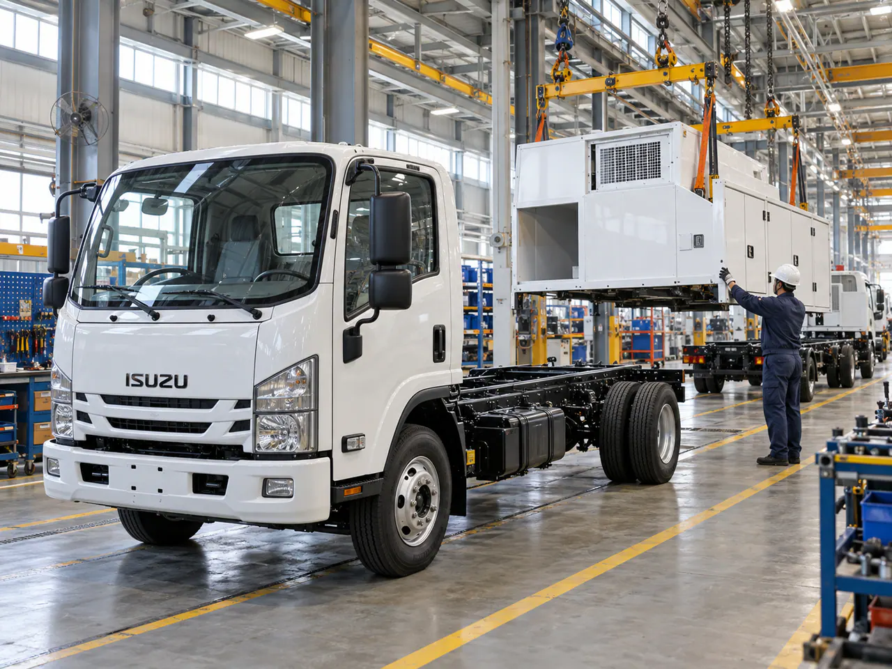 Truck chassis moving through the Suizhou manufacturing base configuration line