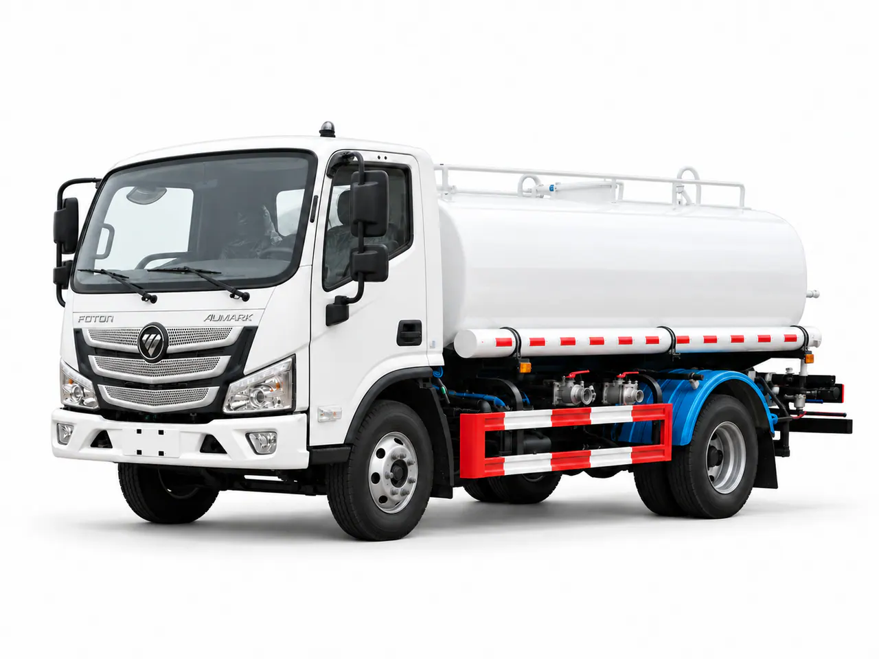 White water tanker truck with blue rear piping and red side guards.