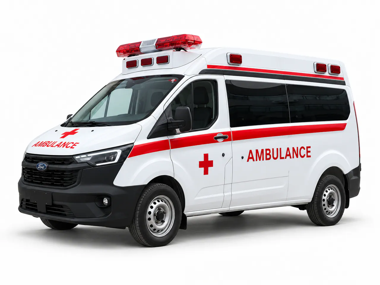 White ambulance van with a red side stripe, red crosses and roof lights.