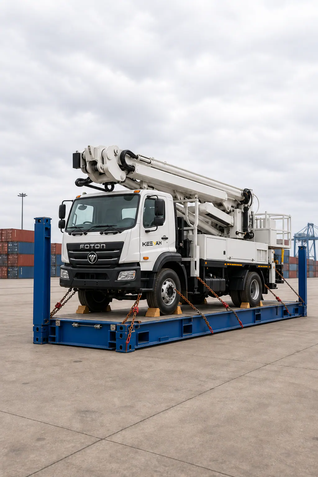 Aerial work platform truck secured to a flat-rack platform