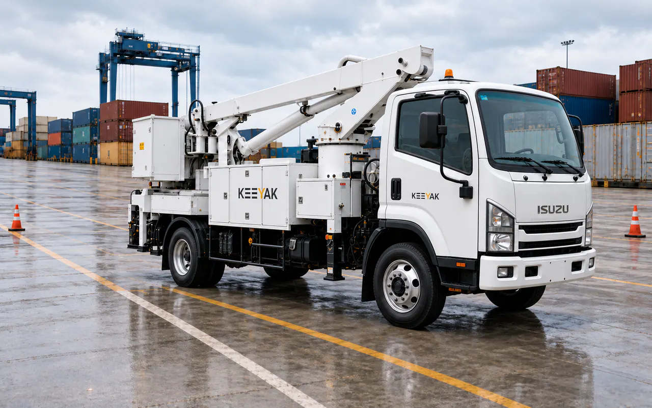Camera and inspection equipment beside a KEEYAK aerial work platform truck at the port