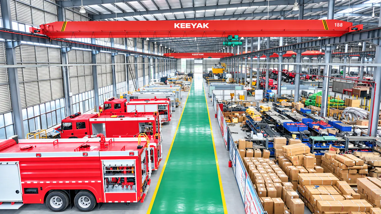 Fire vehicles, chassis and components arranged in an assembly area.