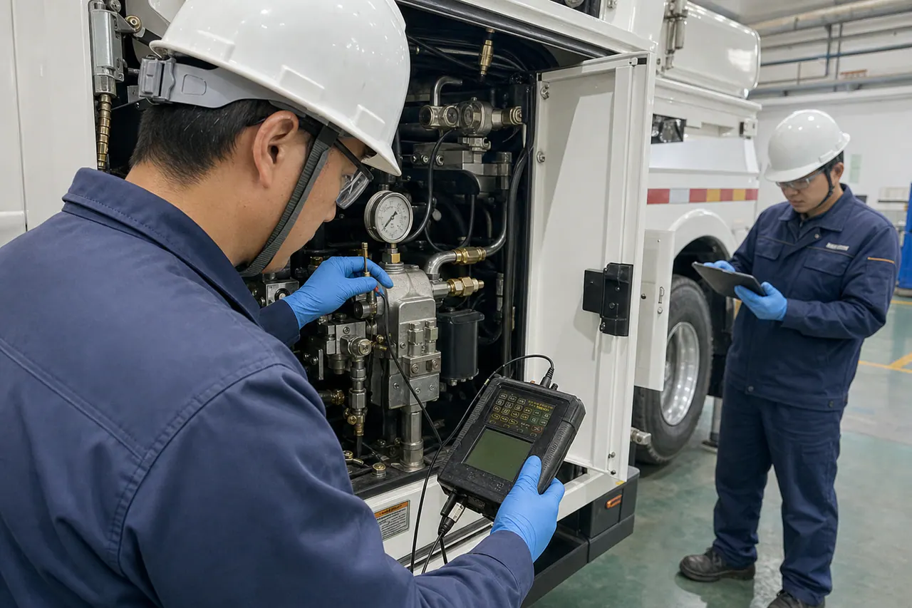 Illustrative scene of a technician using an inspection instrument on a hydraulic system