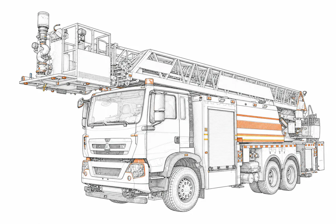 Concepto técnico de configuración para Camión de bomberos con escalera aérea