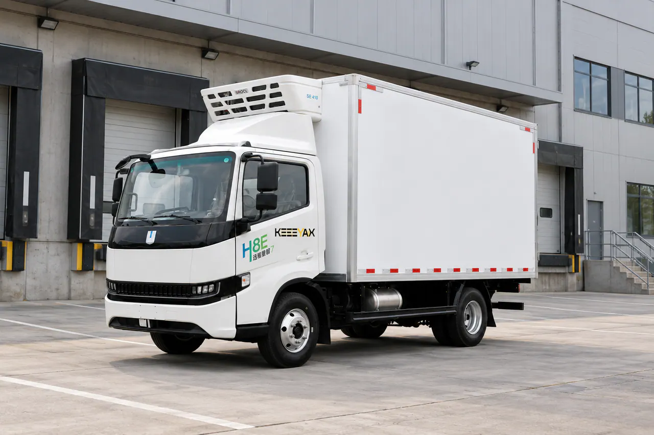 Camión frigorífico eléctrico blanco, negro y verde con unidad de refrigeración montada en el techo