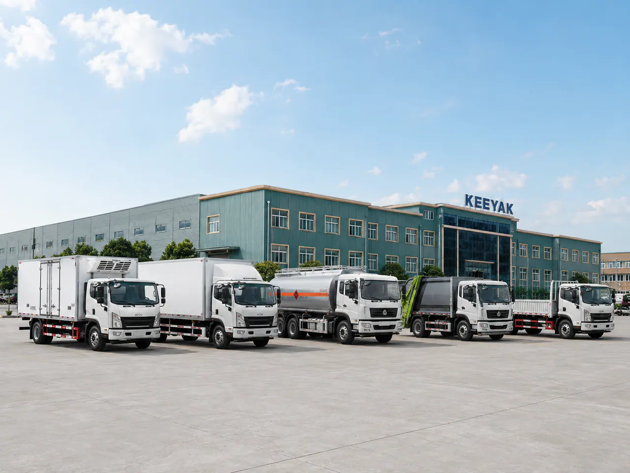 A lineup of refrigerated, tanker, sanitation and cargo trucks outside a KEEYAK factory