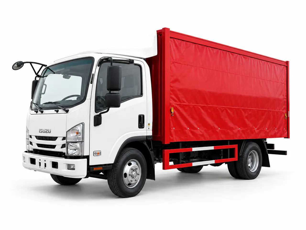 White truck with a closed red curtain-sided cargo body.