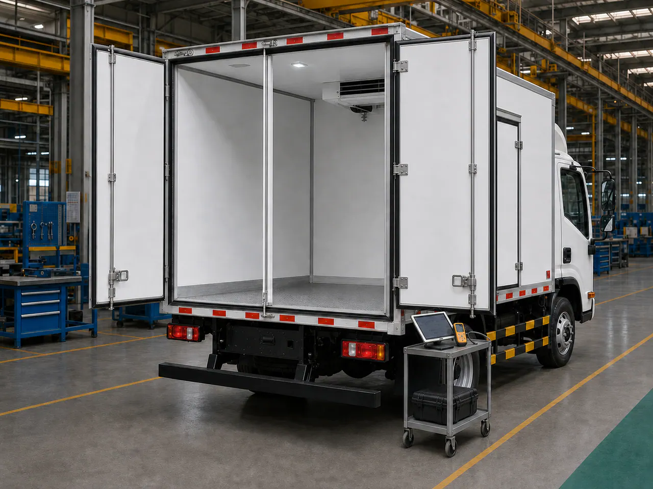 Camión refrigerado sin personas y equipo preparado para la inspección final