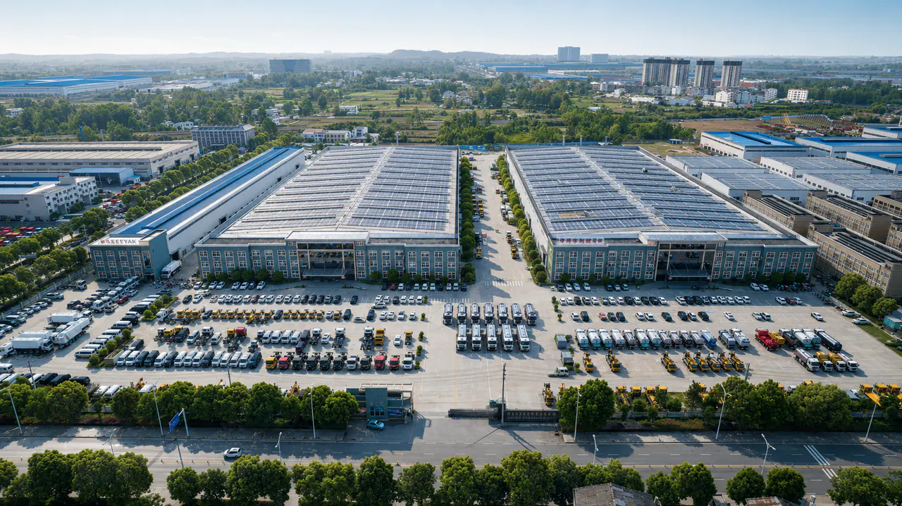 Aerial view of the KEEYAK factory workshops and vehicle staging yard