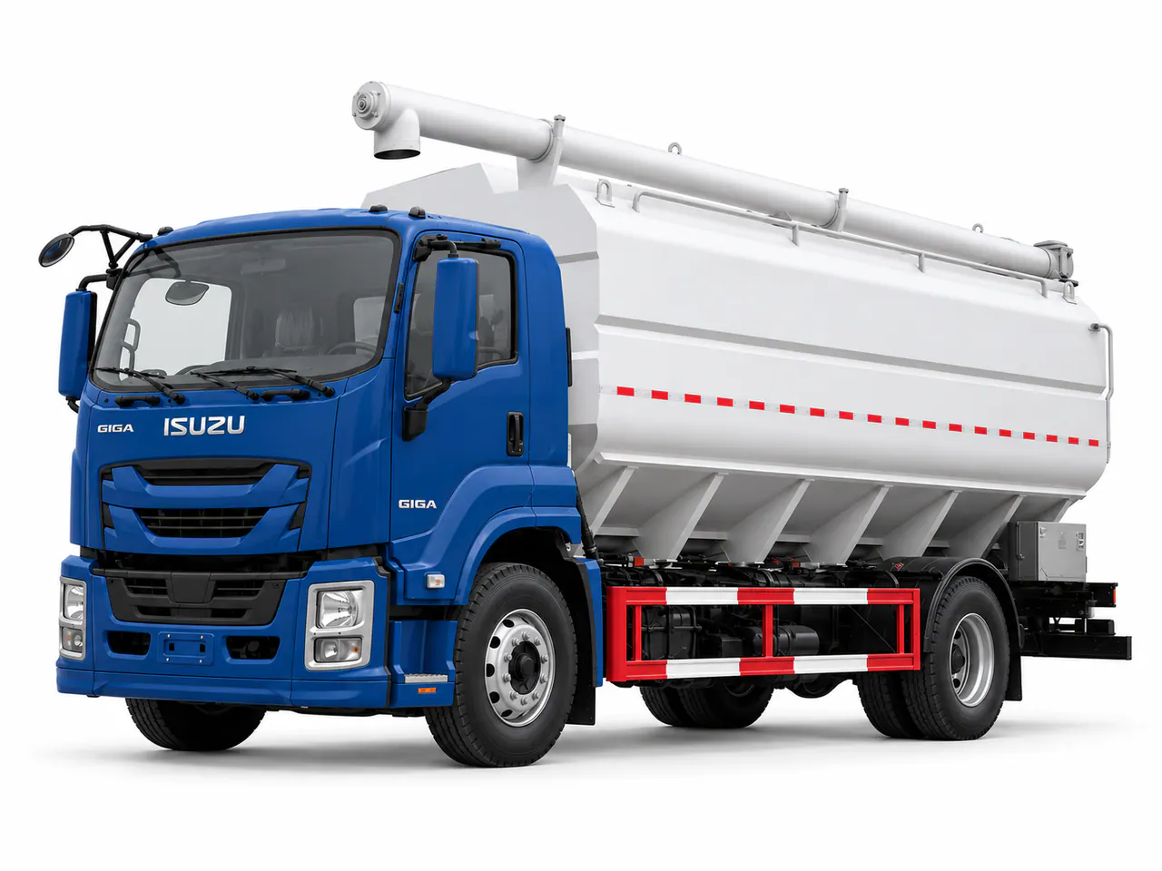Blue truck with a white feed tank and a discharge auger above it.
