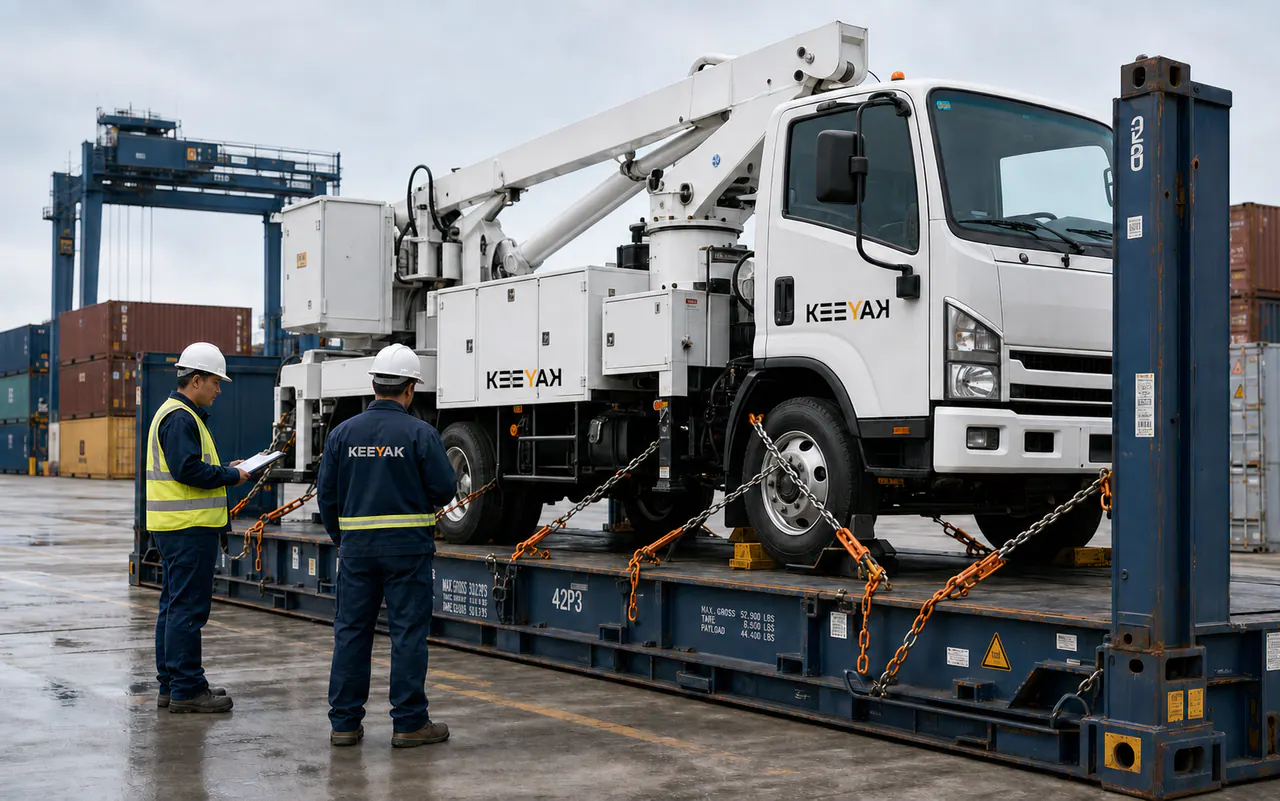 KEEYAK export coordinators checking a branded aerial work platform truck secured on a flat rack