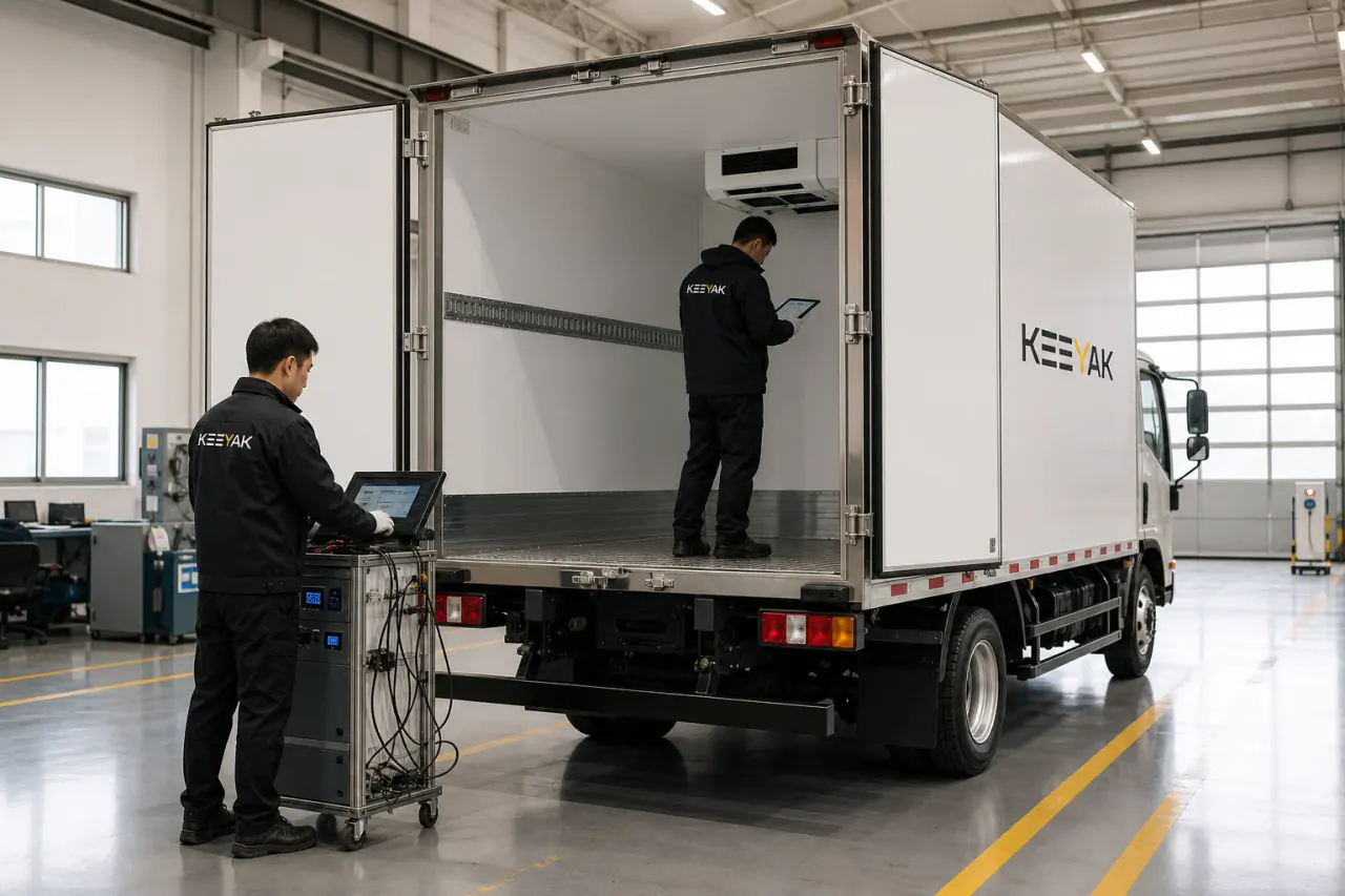 Process illustration of technicians recording refrigerated truck function test results