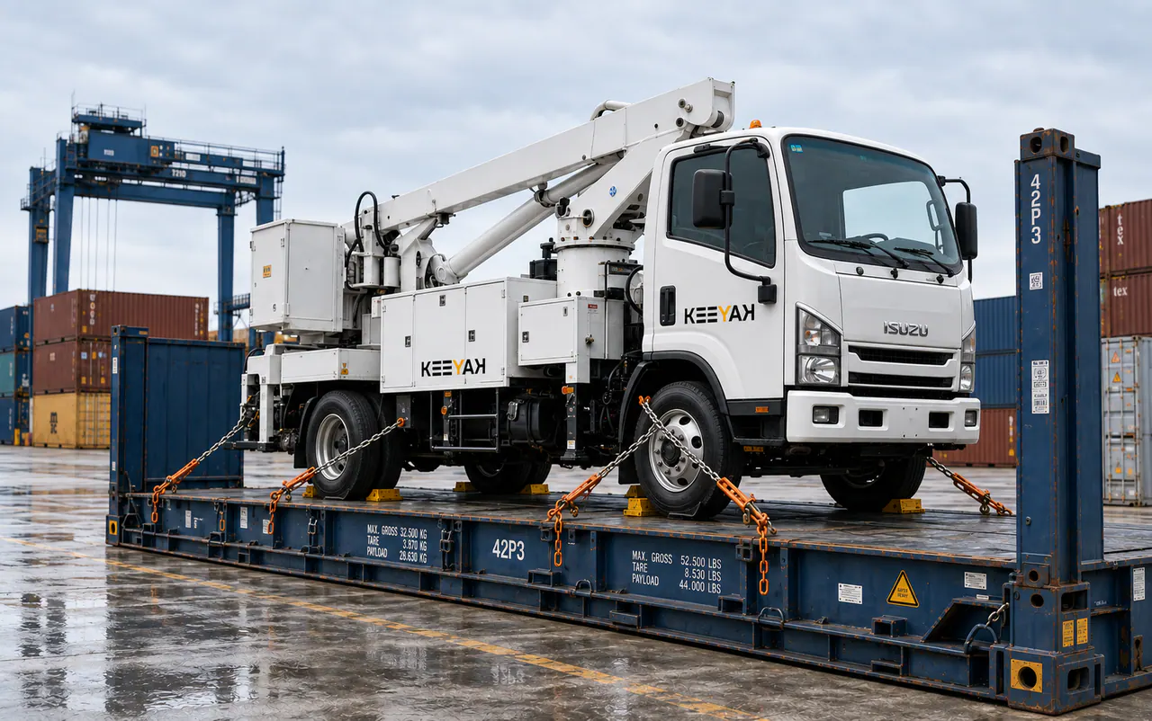 KEEYAK export coordinators checking a branded aerial work platform truck secured on a flat rack