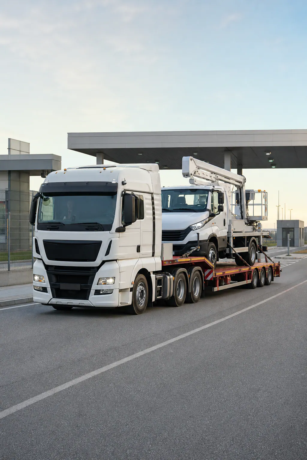 Special-purpose truck carried on a low-bed trailer for cross-border land transport