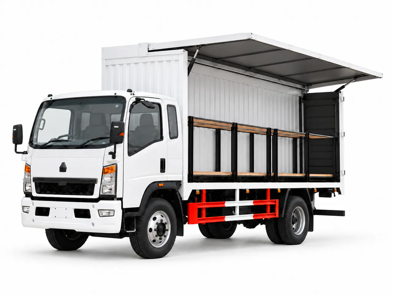White wing-body truck with the side panel raised to expose the cargo area.