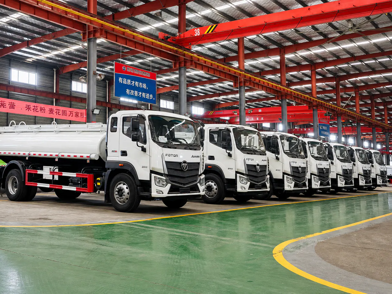 Camiones cisterna FOTON terminados dentro de un taller de vehículos especiales