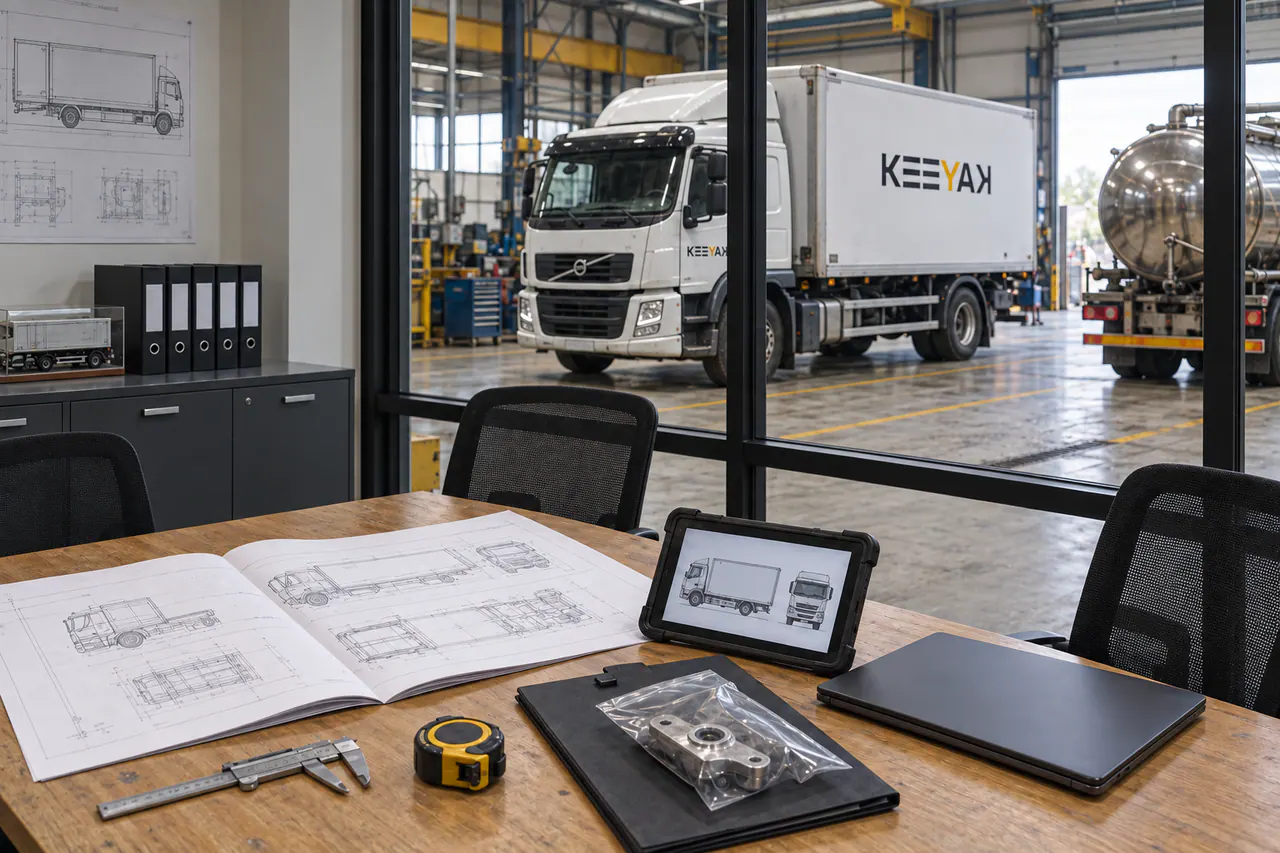 Vehicle drawings and project tools on an empty engineering table overlooking completed KEEYAK trucks