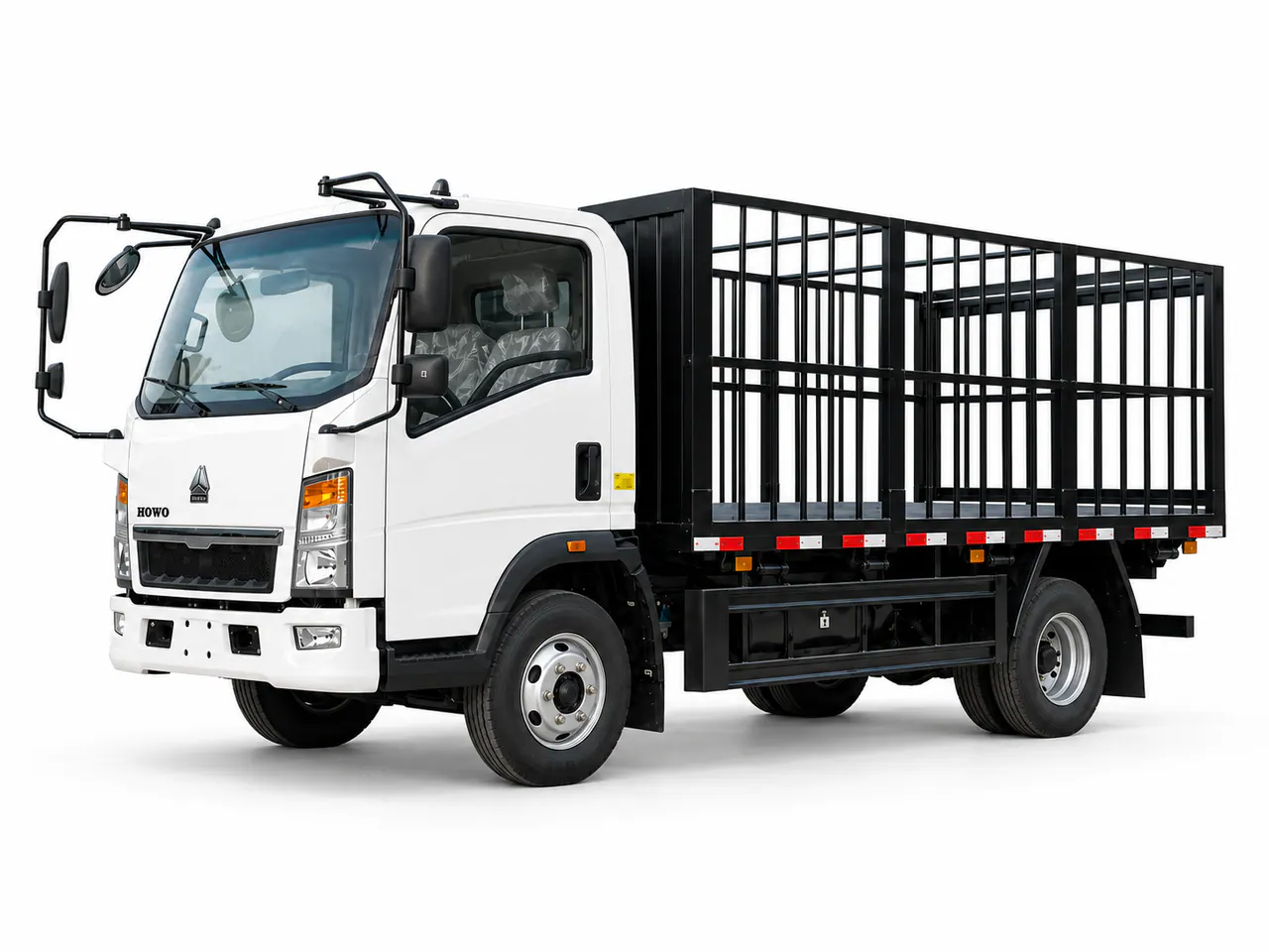 White cargo truck with a tall black open-bar cage body.
