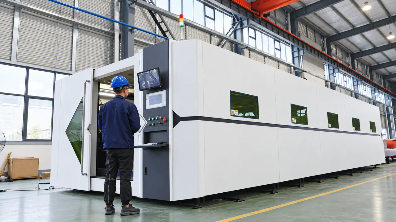 An operator at the controls of enclosed processing equipment.